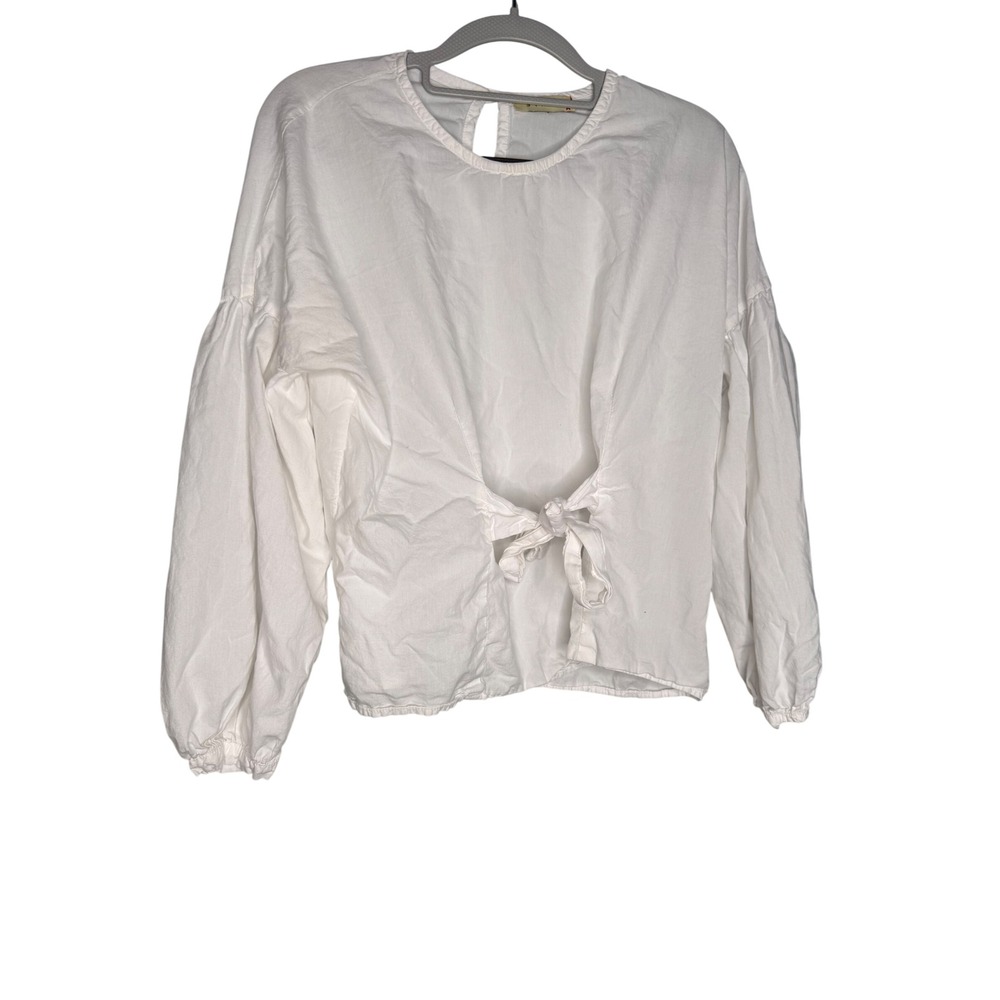 Stark X white peplum tie‎ front balloon sleeve womens blouse modern classy
